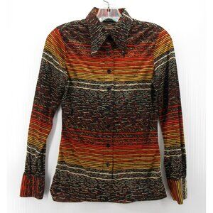 VINTAGE Hukapoo Top XS Shirt Abstract Striped 70s Disco Dagger Collar